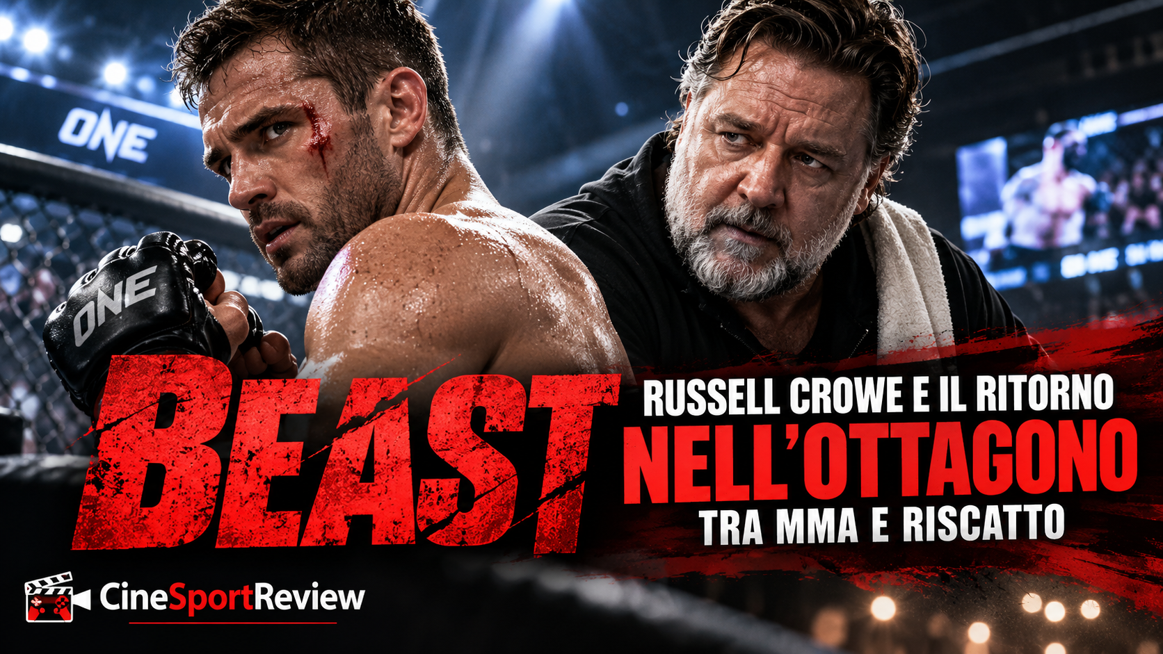 Russell Crowe e Daniel MacPherson nel film Beast, ambientato nel mondo delle MMA