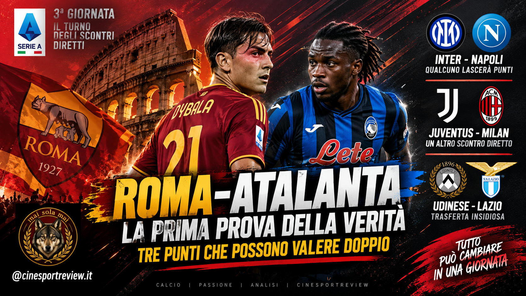 Roma-Atalanta e gli scontri diretti della terza giornata di Serie A