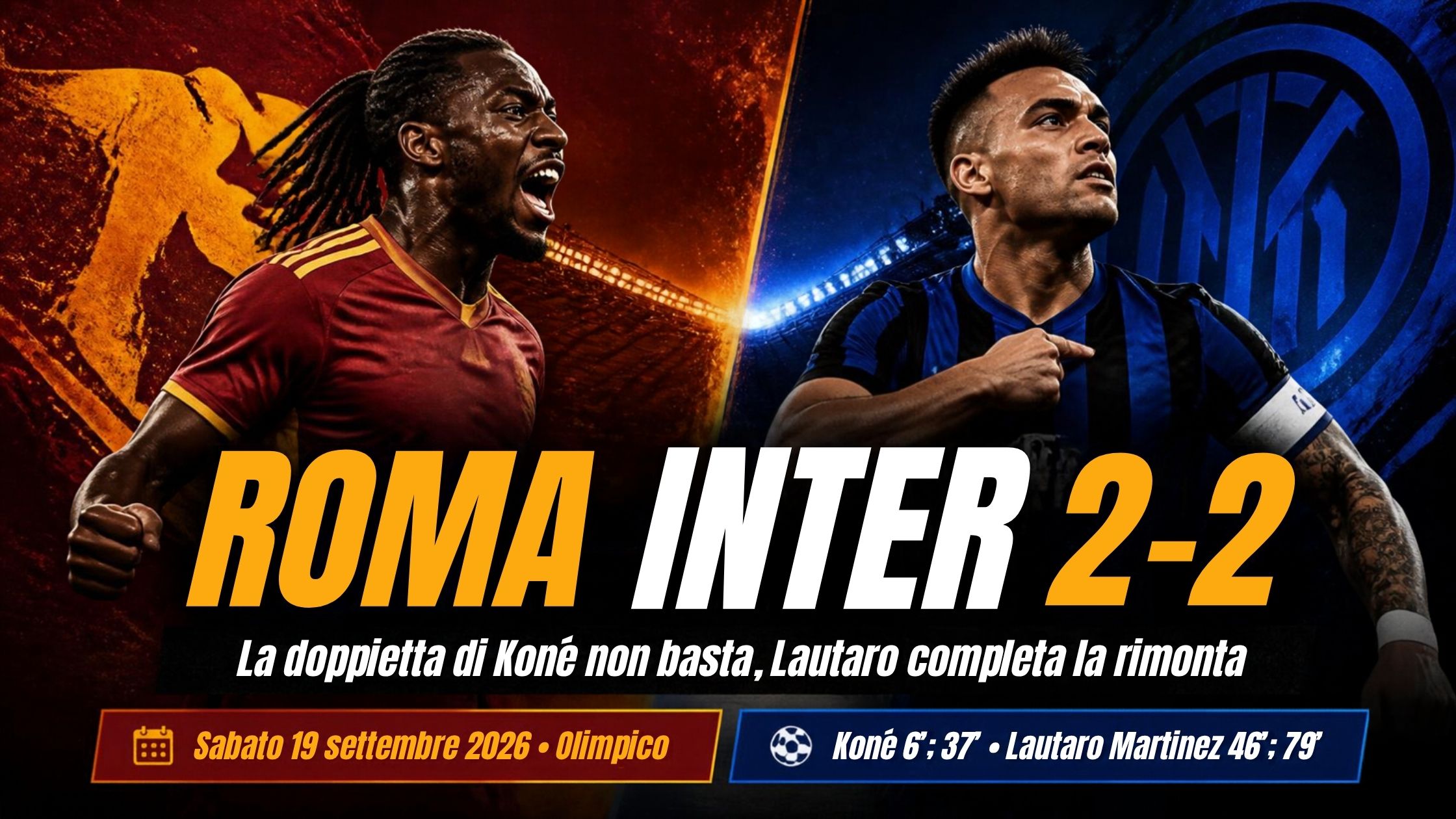 Roma-Inter 2-2, la doppietta di Koné e la rimonta di Lautaro all'Olimpico