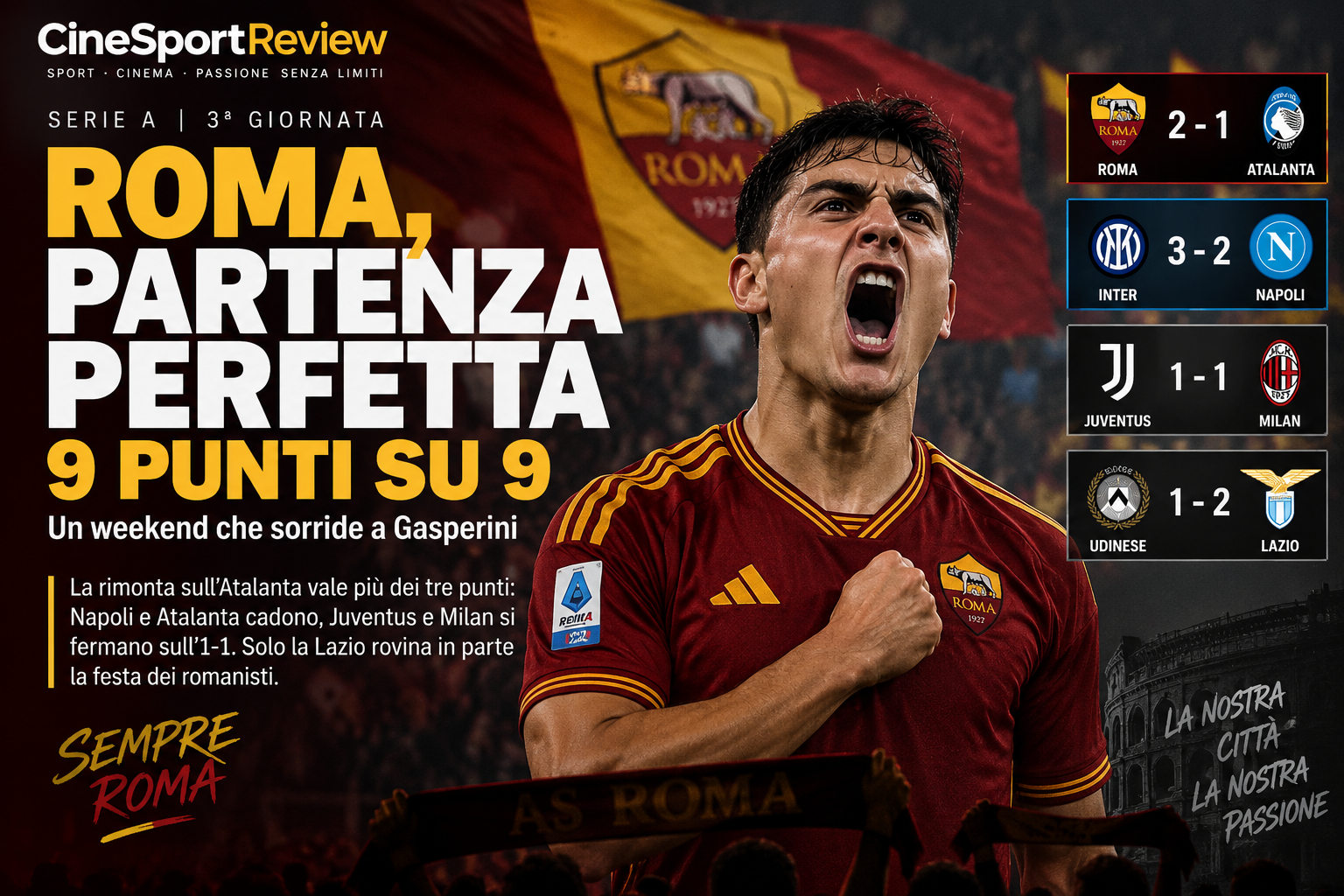 Roma a 9 punti su 9 dopo la vittoria contro l'Atalanta nella terza giornata di Serie A